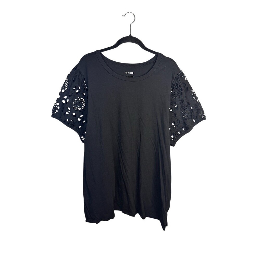 Torrid T-Shirt Womens Plus Size 3XL Black Crew Neck Eyelet Lace Sleeves